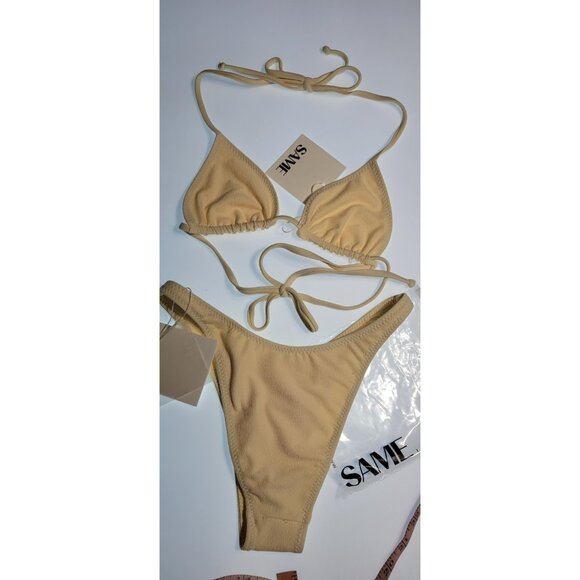 SAME Los Angeles Swim Bikini Set 2Pc Triangke Top High Weist Bottom Beige SZ XS - Picture 6 of 7